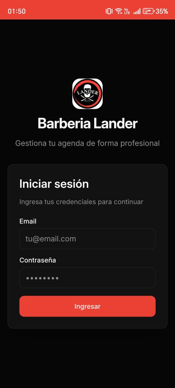 App Barbería Lander — pantalla de inicio personalizada